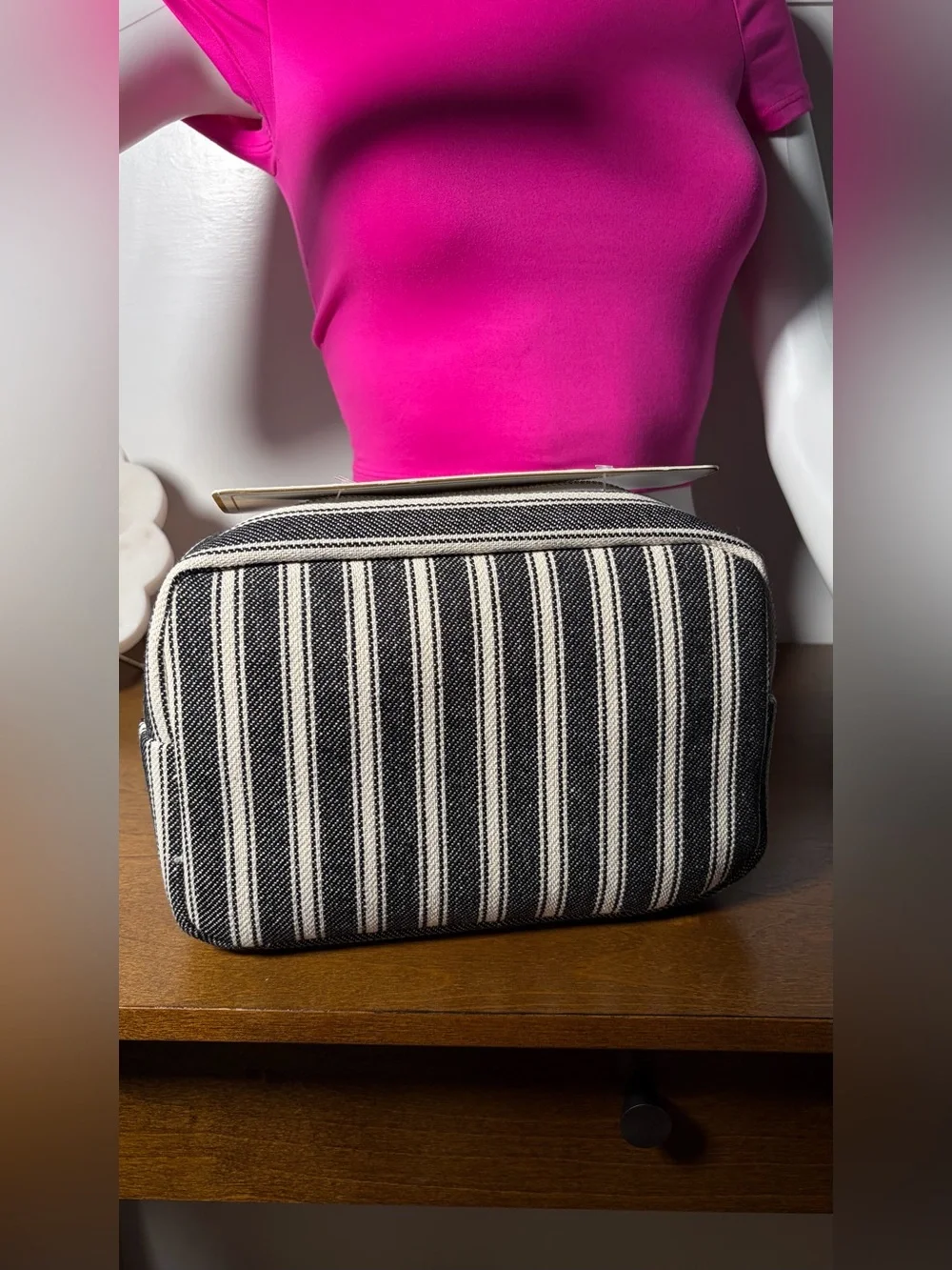 Gloss & Glo - “LAKE” Cosmetic Bag Black & White Striped with Gold Trim Font